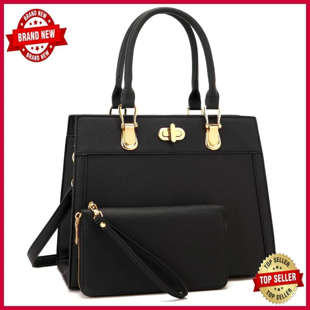 Large Vegan Leather Tote Satchel with Adjustable Crossbody Strap and Wallet